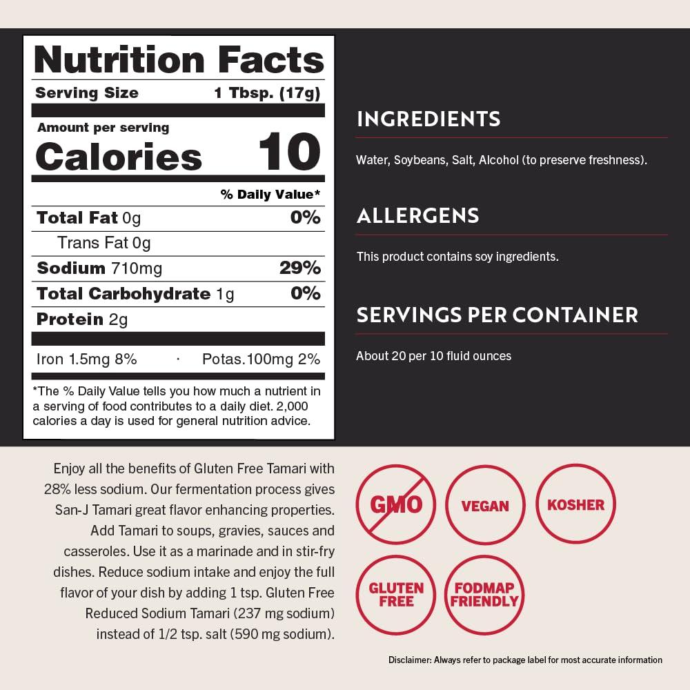 image:imageSanJ Gluten Free Tamari Soy Sauce with 28 Less Sodium Specially Brewed Made with 100 Soy 10 oz Bottles 6 Pack10 Fl Oz Pack of 2