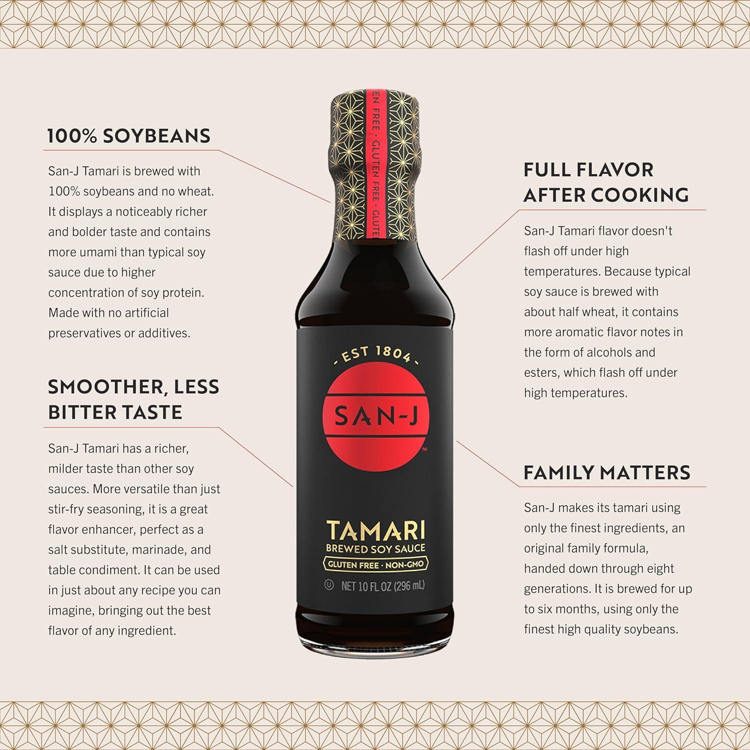 image:imageSanJ Gluten Free Tamari Soy Sauce with 28 Less Sodium Specially Brewed Made with 100 Soy 10 oz Bottles 6 Pack64 Fl Oz Pack of 1