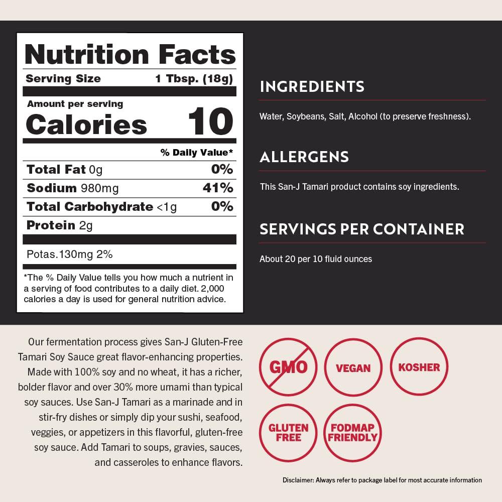 image:imageSanJ Gluten Free Tamari Soy Sauce with 28 Less Sodium Specially Brewed Made with 100 Soy 10 oz Bottles 6 Pack64 Fl Oz Pack of 1