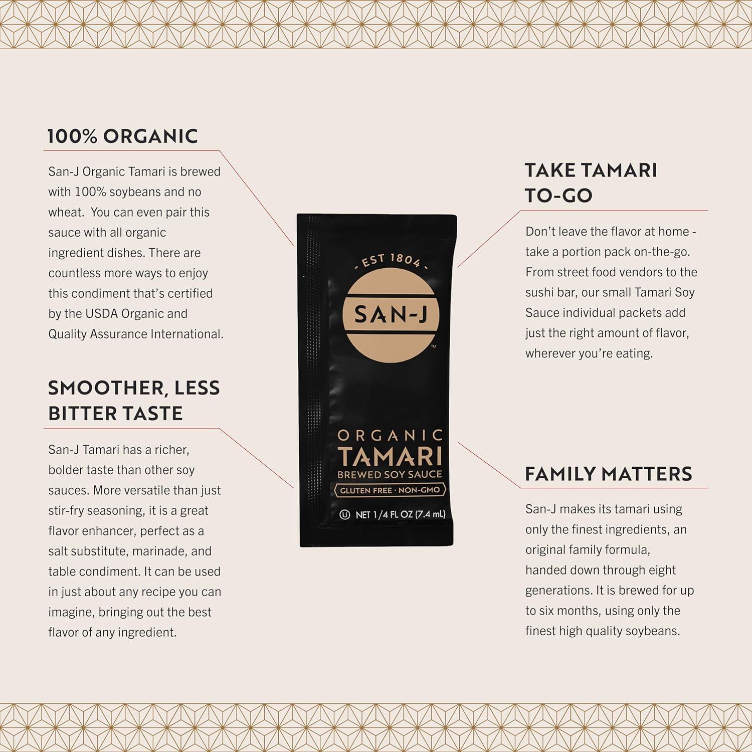 image:imageSanJ Organic Gluten Free Tamari Soy Sauce Made with 100 Whole Soy Specially Brewed 14 oz Individual Portioned Packets 200 PackOrganic Tamari