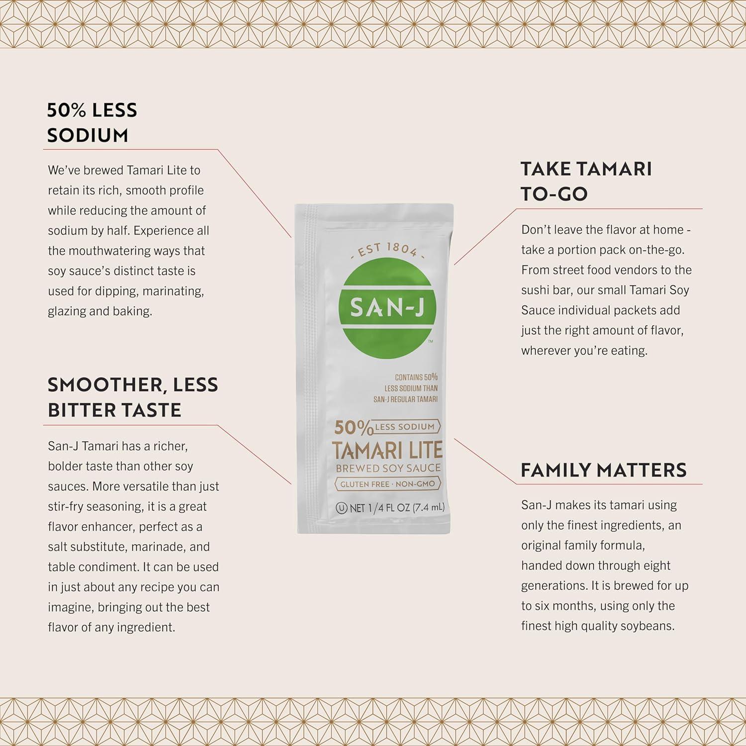 image:imageSanJ Organic Gluten Free Tamari Soy Sauce Made with 100 Whole Soy Specially Brewed 14 oz Individual Portioned Packets 200 PackTamari Lite