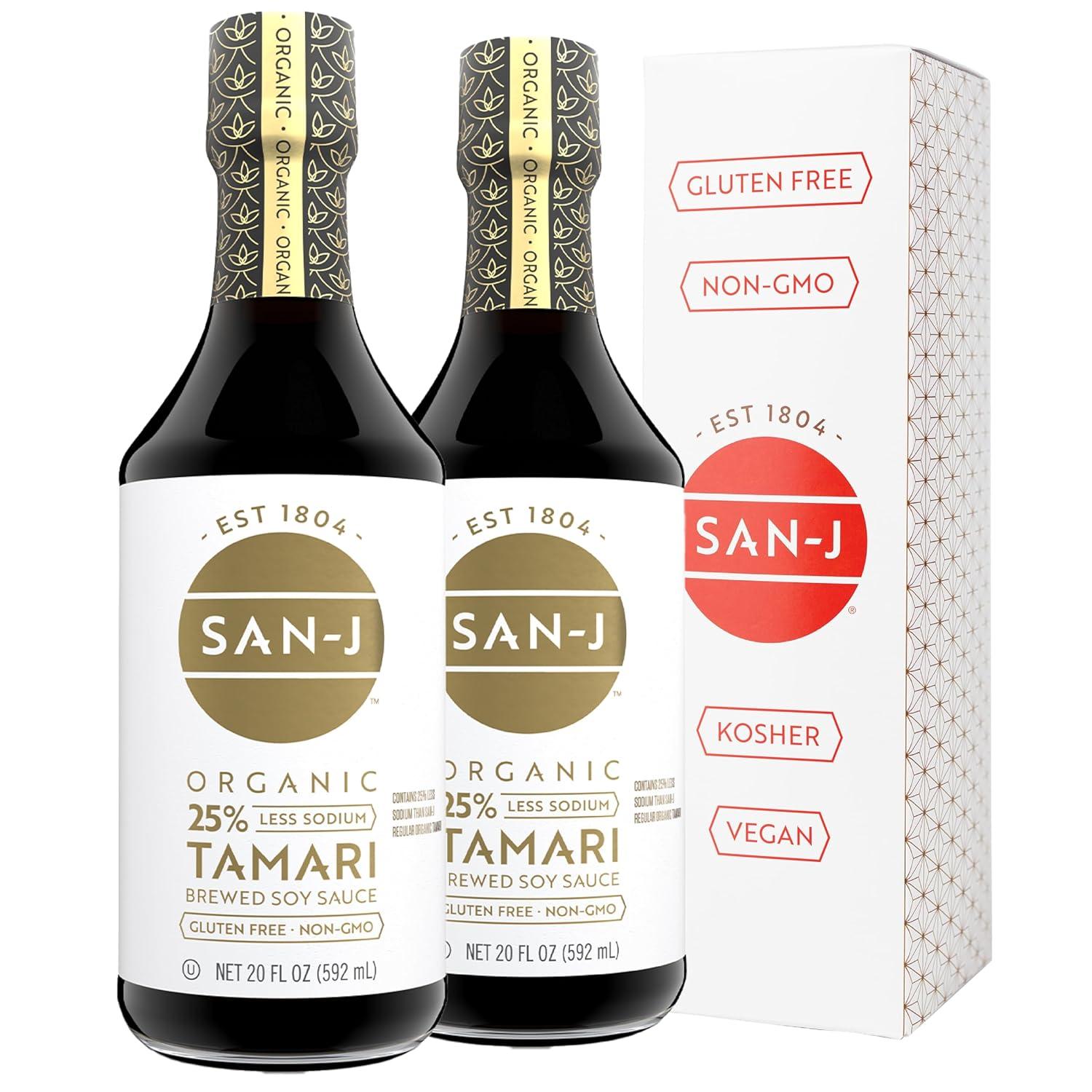 image:imageSanJ Organic Gluten Free Tamari Soy Sauce with 50 Less Sodium Made with 100 Whole Soy Specially Brewed 20 oz BottleLess Sodium Organic Tamari