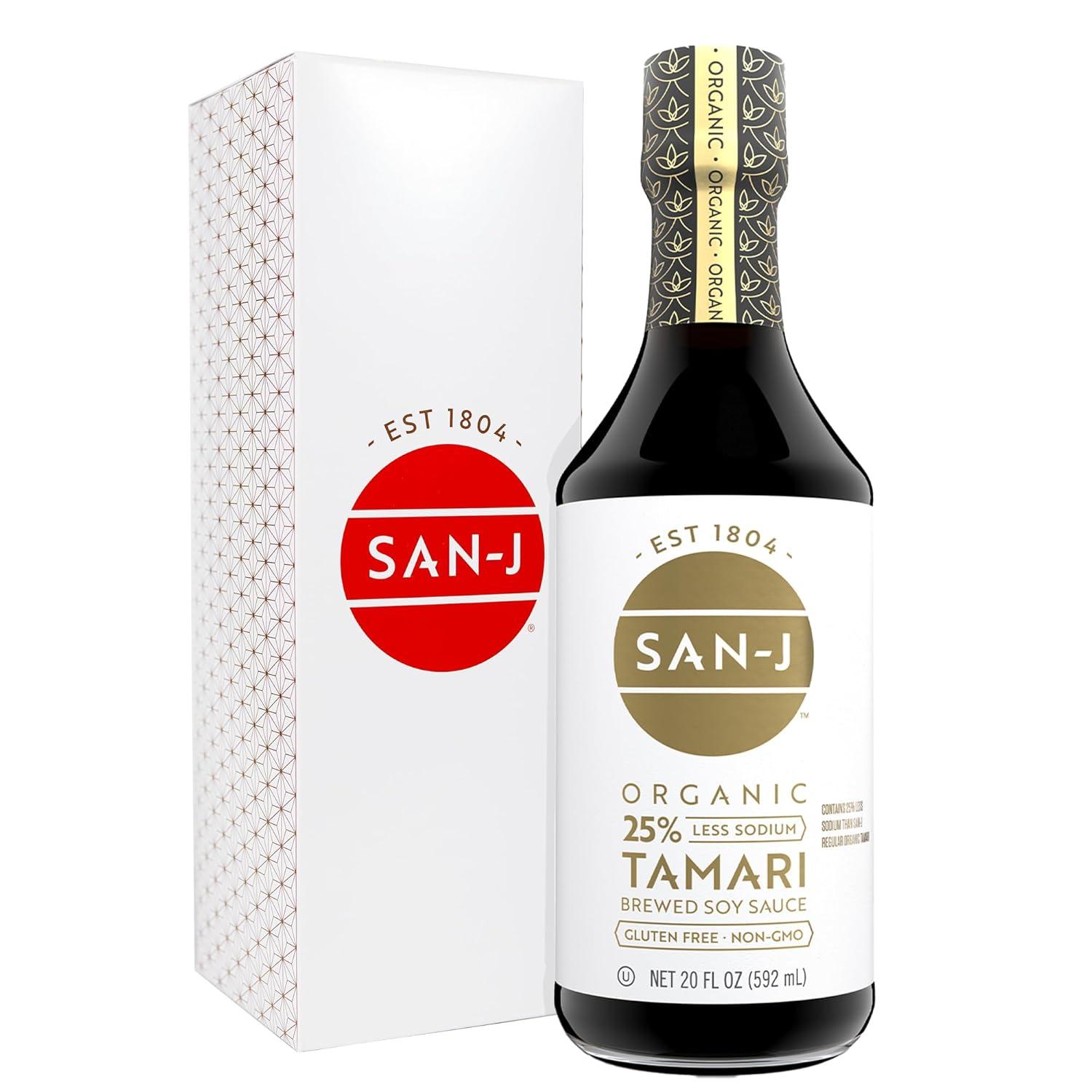 image:imageSanJ Organic Gluten Free Tamari Soy Sauce with 50 Less Sodium Made with 100 Whole Soy Specially Brewed 20 oz BottleLess Sodium Organic Tamari