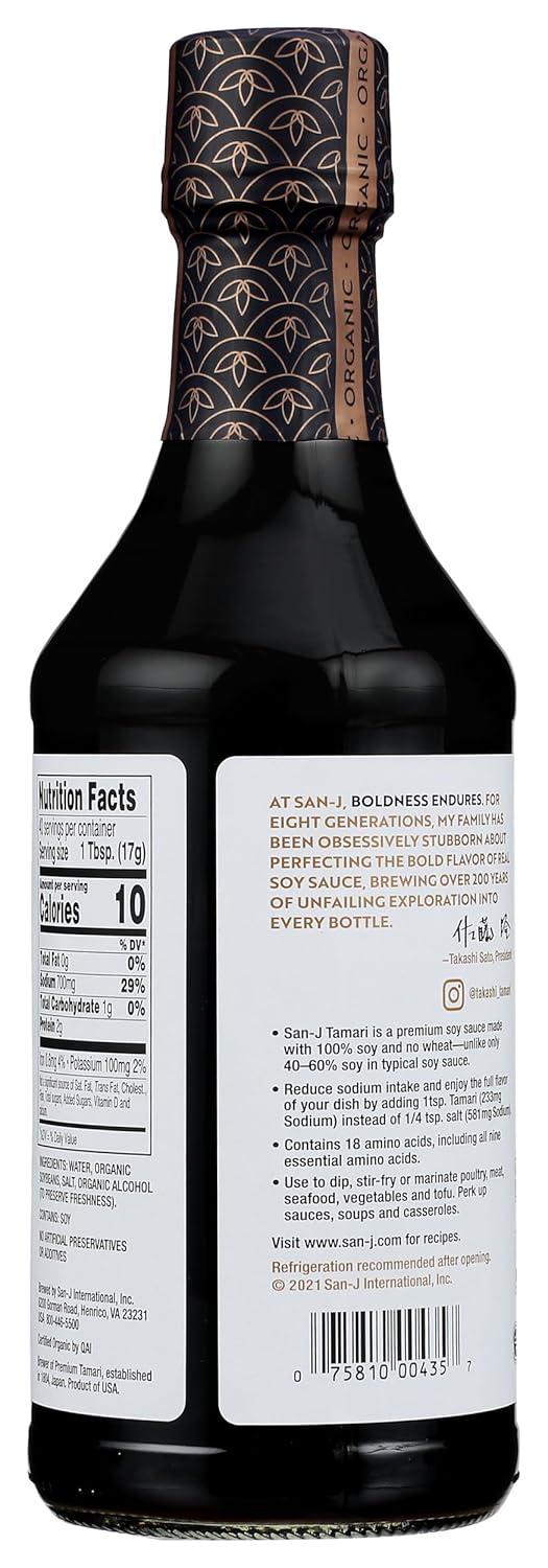 image:imageSanJ Organic Gluten Free Tamari Soy Sauce with 50 Less Sodium Made with 100 Whole Soy Specially Brewed 20 oz BottleLess Sodium Organic Tamari