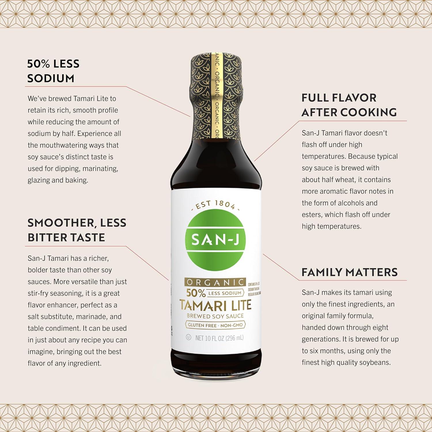 image:imageSanJ Organic Gluten Free Tamari Soy Sauce with 50 Less Sodium Made with 100 Whole Soy Specially Brewed 20 oz BottleOrganic Tamari Lite