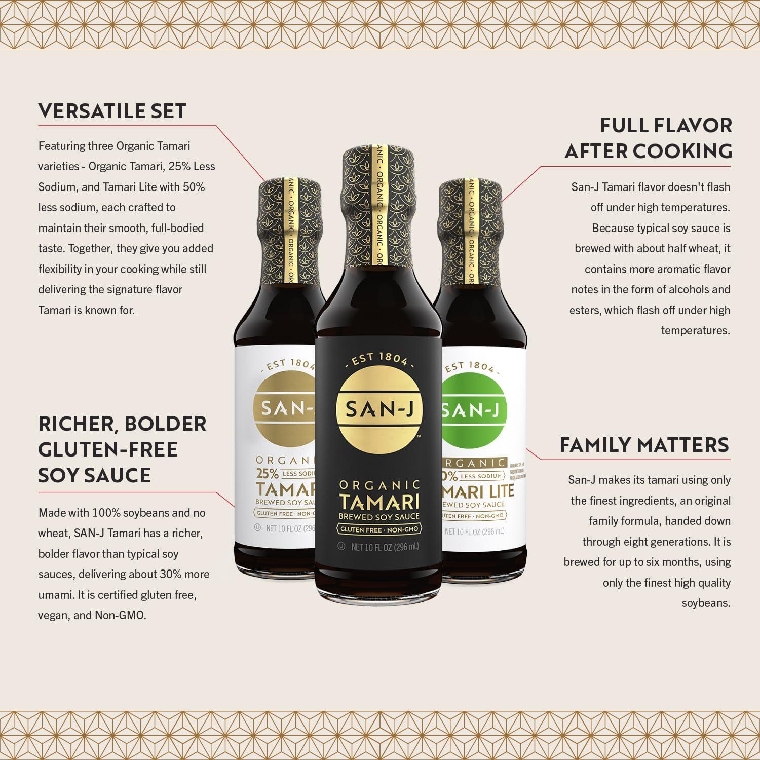 image:imageSanJ Organic Tamari Soy Sauce 3pack Premium Gift Box Tamari 25 Less Sodium Lite 50 Less Sodium 10oz Bottles