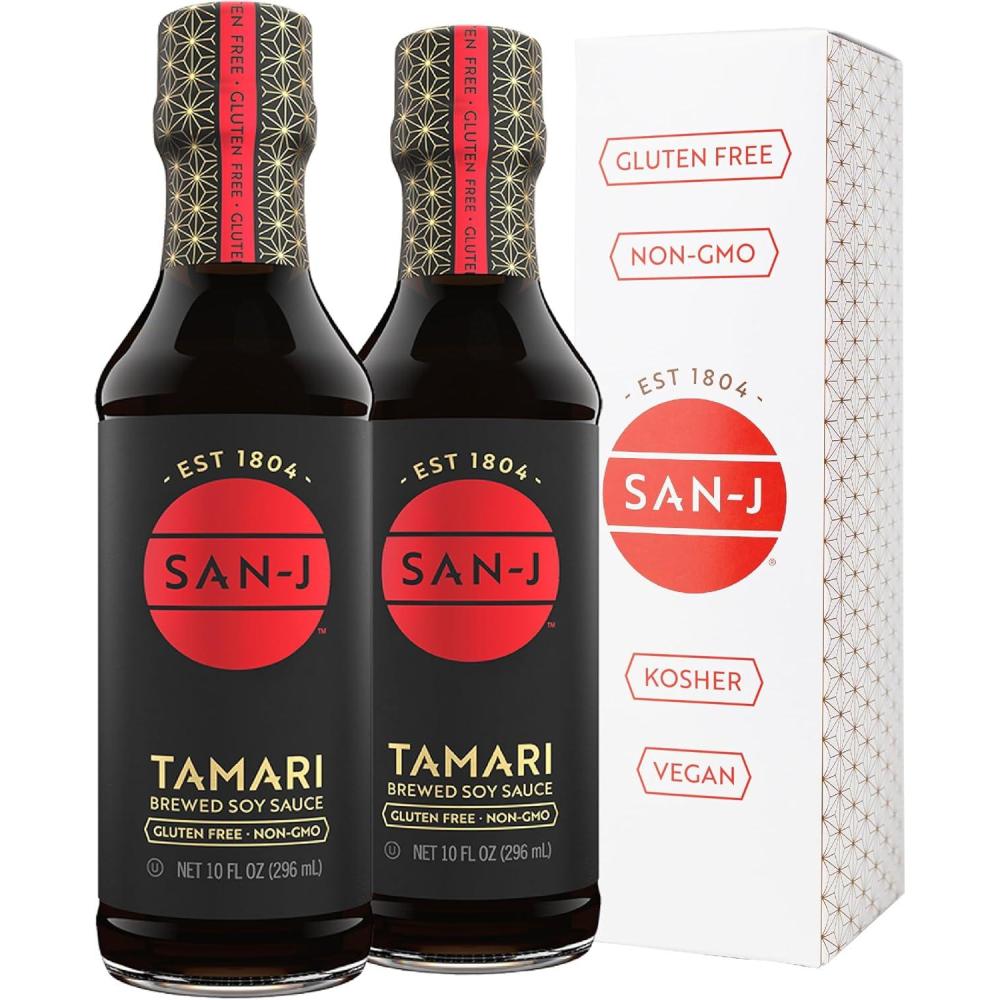 image:imageSanJ Gluten Free Tamari Soy Sauce Specially Brewed Made with 100 Soy 10 oz Bottles 2 Pack Includes a Collectors Tin