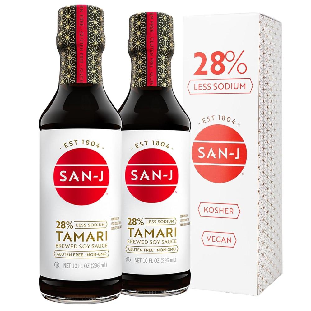 image:imageSanJ Gluten Free Tamari Soy Sauce with 28 Less Sodium Specially Brewed Made with 100 Soy 10 oz Bottles 6 Pack10 Fl Oz Pack of 2