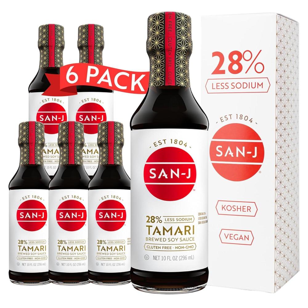 image:imageSanJ Gluten Free Tamari Soy Sauce with 28 Less Sodium Specially Brewed Made with 100 Soy 10 oz Bottles 6 Pack10 Fl Oz Pack of 6
