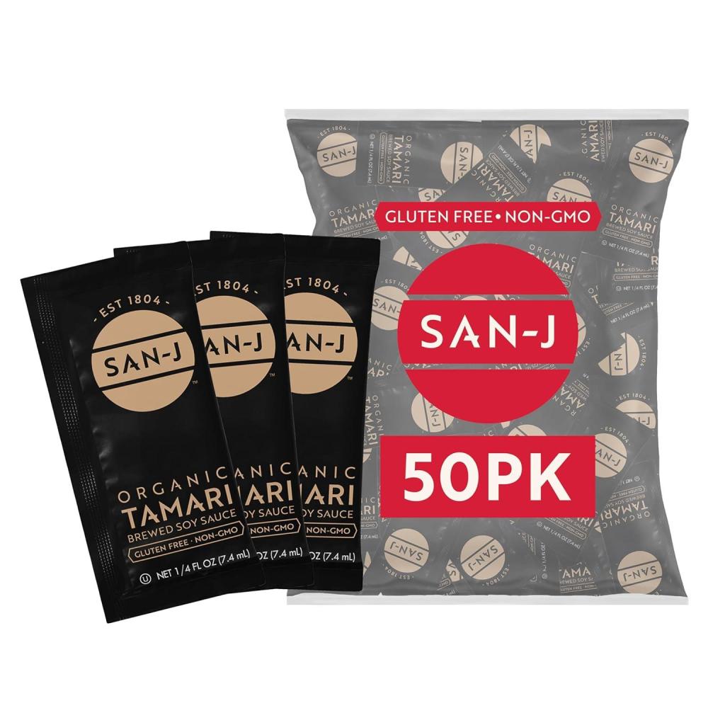 image:imageSanJ Organic Gluten Free Tamari Soy Sauce Made with 100 Whole Soy Specially Brewed 14 oz Individual Portioned Packets 200 PackOrganic Tamari