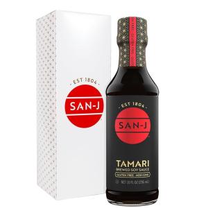 image:imageSanJ  Gluten Free Tamari Soy Sauce  Specially Brewed  Made with 100 Soy  10 oz Bottle  Includes a Collectors Tin