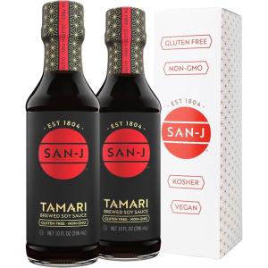 image:imageSanJ  Gluten Free Tamari Soy Sauce  Specially Brewed  Made with 100 Soy  10 oz Bottles  2 Pack  Includes a Collectors Tin
