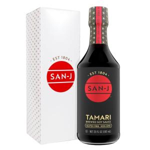 image:imageSanJ  Gluten Free Tamari Soy Sauce  Specially Brewed  Made with 100 Soy  20 oz Bottle