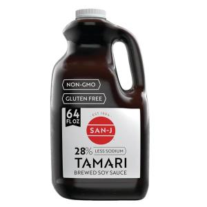 image:imageSanJ  Gluten Free Tamari Soy Sauce with 28 Less Sodium  Specially Brewed  Made with 100 Soy  64 oz Container