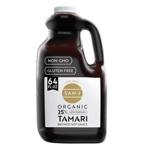 image:imageSanJ  Organic Gluten Free Tamari Soy Sauce with 25 Less Sodium  Specially Brewed  Made with 100 Whole Soy  64 oz BottlePlatinum Label