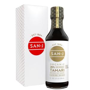 image:imageSanJ  Organic Gluten Free Tamari Soy Sauce with 50 Less Sodium  Made with 100 Whole Soy  Specially Brewed  20 oz BottleLess Sodium Organic Tamari