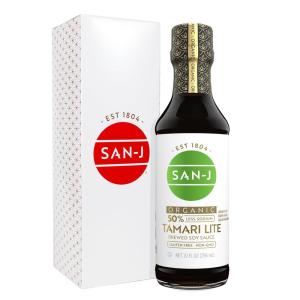 image:imageSanJ  Organic Gluten Free Tamari Soy Sauce with 50 Less Sodium  Made with 100 Whole Soy  Specially Brewed  20 oz BottleOrganic Tamari Lite