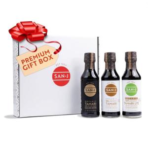 image:imageSanJ Organic Tamari Soy Sauce 3pack Premium Gift Box Tamari 25 Less Sodium Lite 50 Less Sodium  10oz Bottles