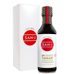 image:imageSanJ  Gluten Free Tamari Soy Sauce with 28 Less Sodium  Specially Brewed  Made with 100 Soy  10 oz Bottle  Includes a Collectors Tin